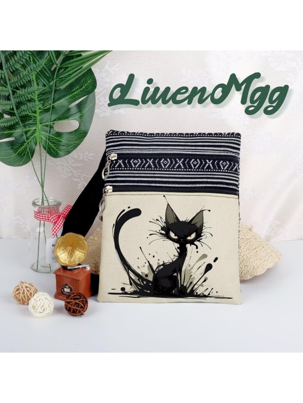 Women Splash Ink Cat Cute Kitten Purse Lover Gift Zipper Crossbody Bag - Picture 3 of 7